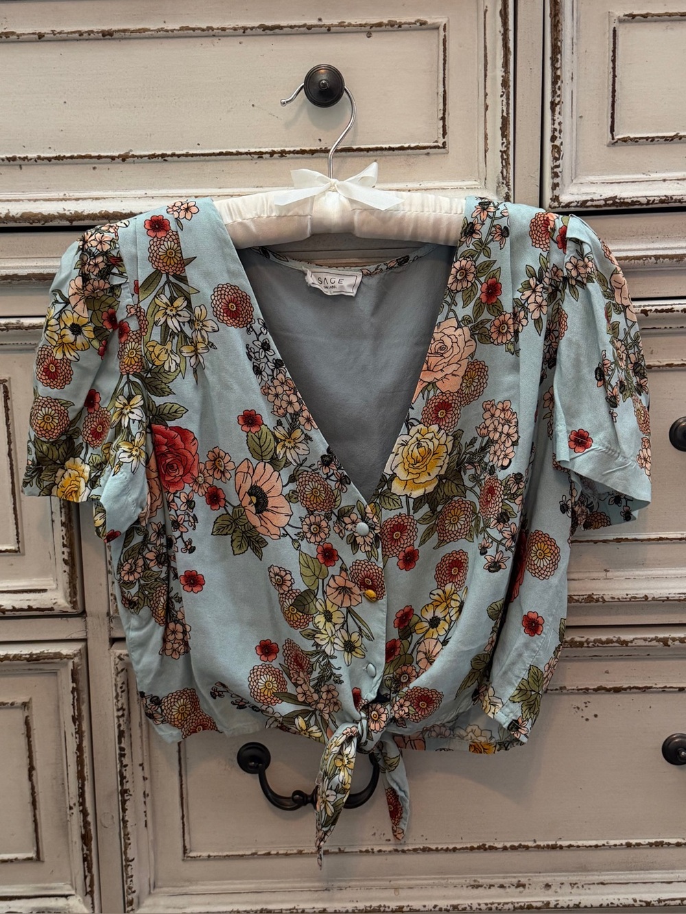 Sage Light Blue Floral Tie-Front Crop Top